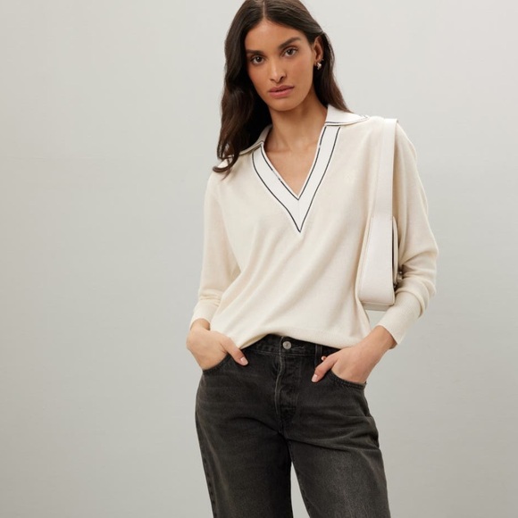 Sandro Alizia Varsity Preppy V- Neck Sweater in Ivory Cream Size 10 - Picture 1 of 12